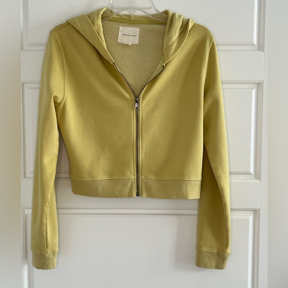 American Eagle Women Yellow Green Soft Fleece Cozy Cropped Zip-Up Hoodie Large